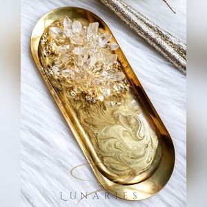 Stainless Steel Gold Jewelry Tray with Handmade Resin Crystals, Ring Dish